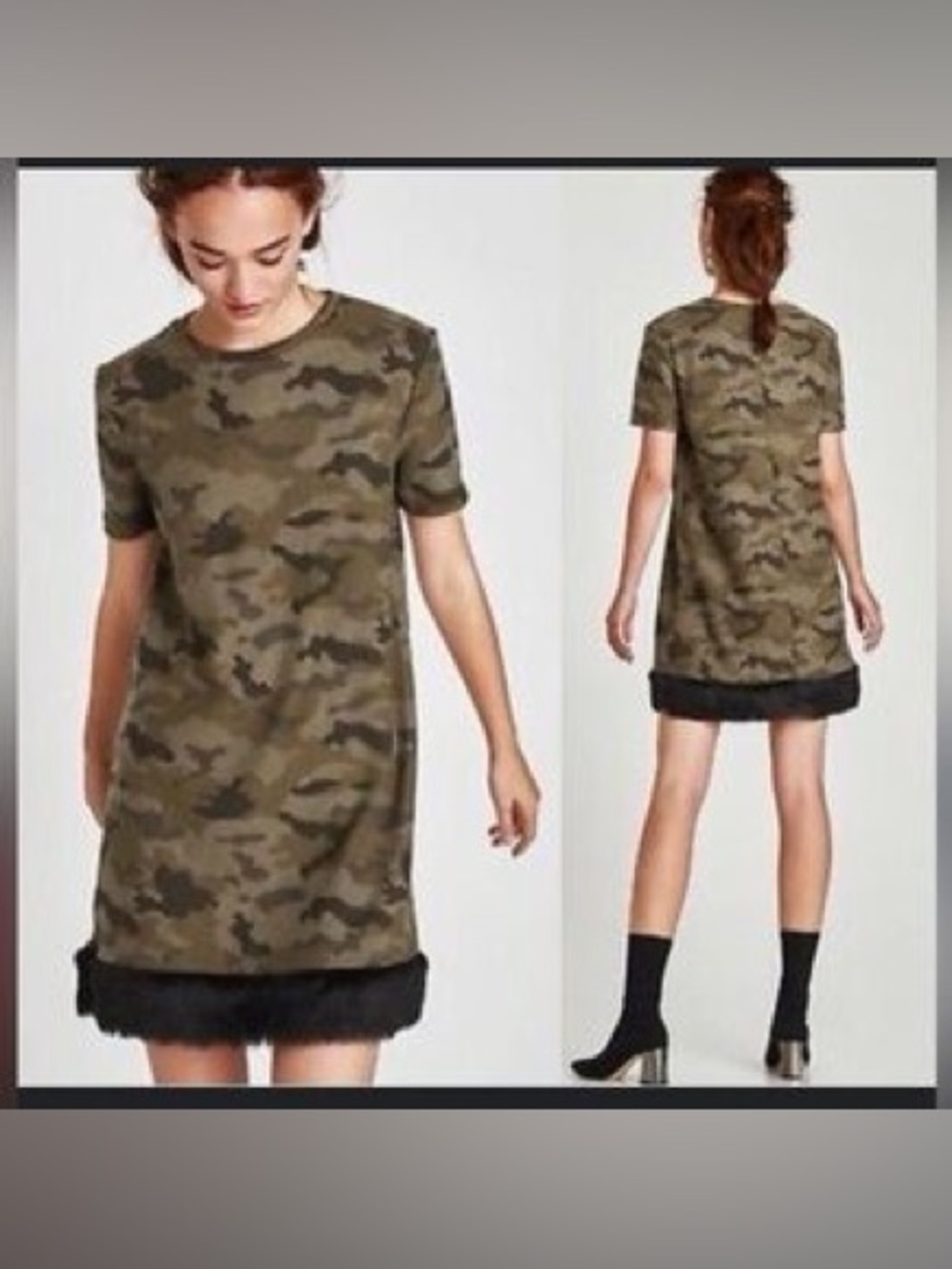 Zara Camo Fur Trim Dress